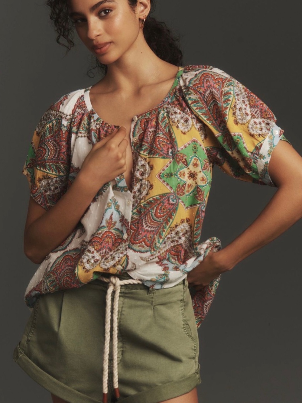 Mille Naomi Top Paisley Short Sleeve Top in Yellow & Green